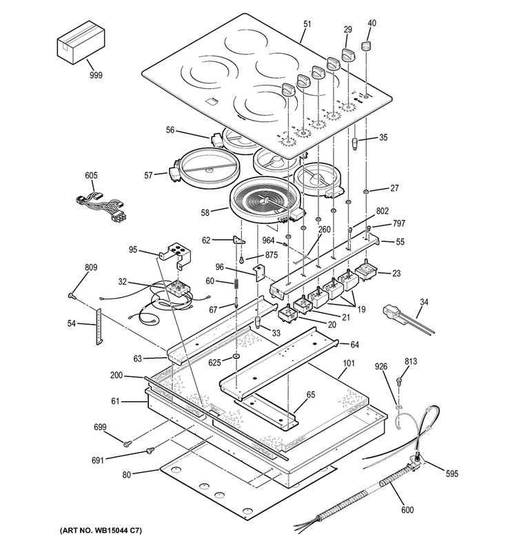 Control Panel & Cooktop Diagram and Parts List for PP944ST2SS  General Electric Cooktop