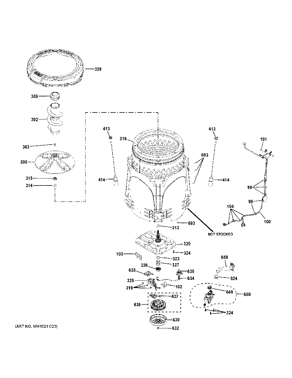 Tub And Motor Diagram and Parts List for PTW905BPT0RS  General Electric Washer