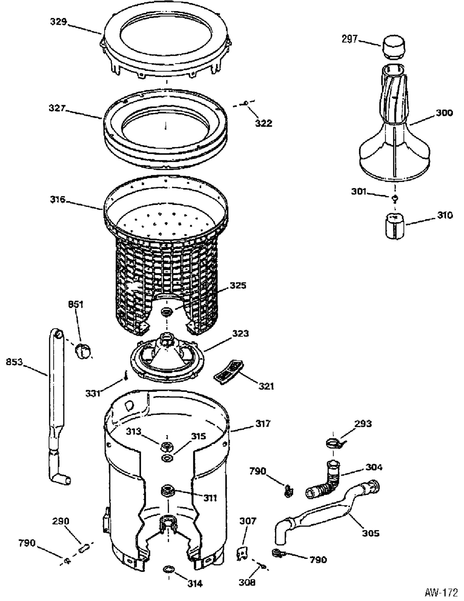 TUB, BASKET & AGITATOR Diagram and Parts List for HBSR1070TAWB  General Electric Washer