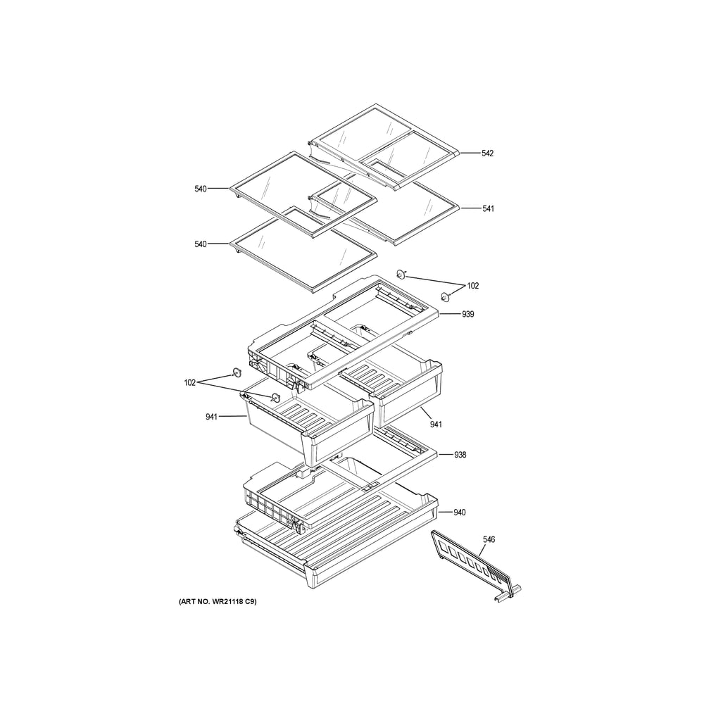 Fresh Food Shelves Diagram and Parts List for CWE19SP2NXS1  General Electric Refrigerator
