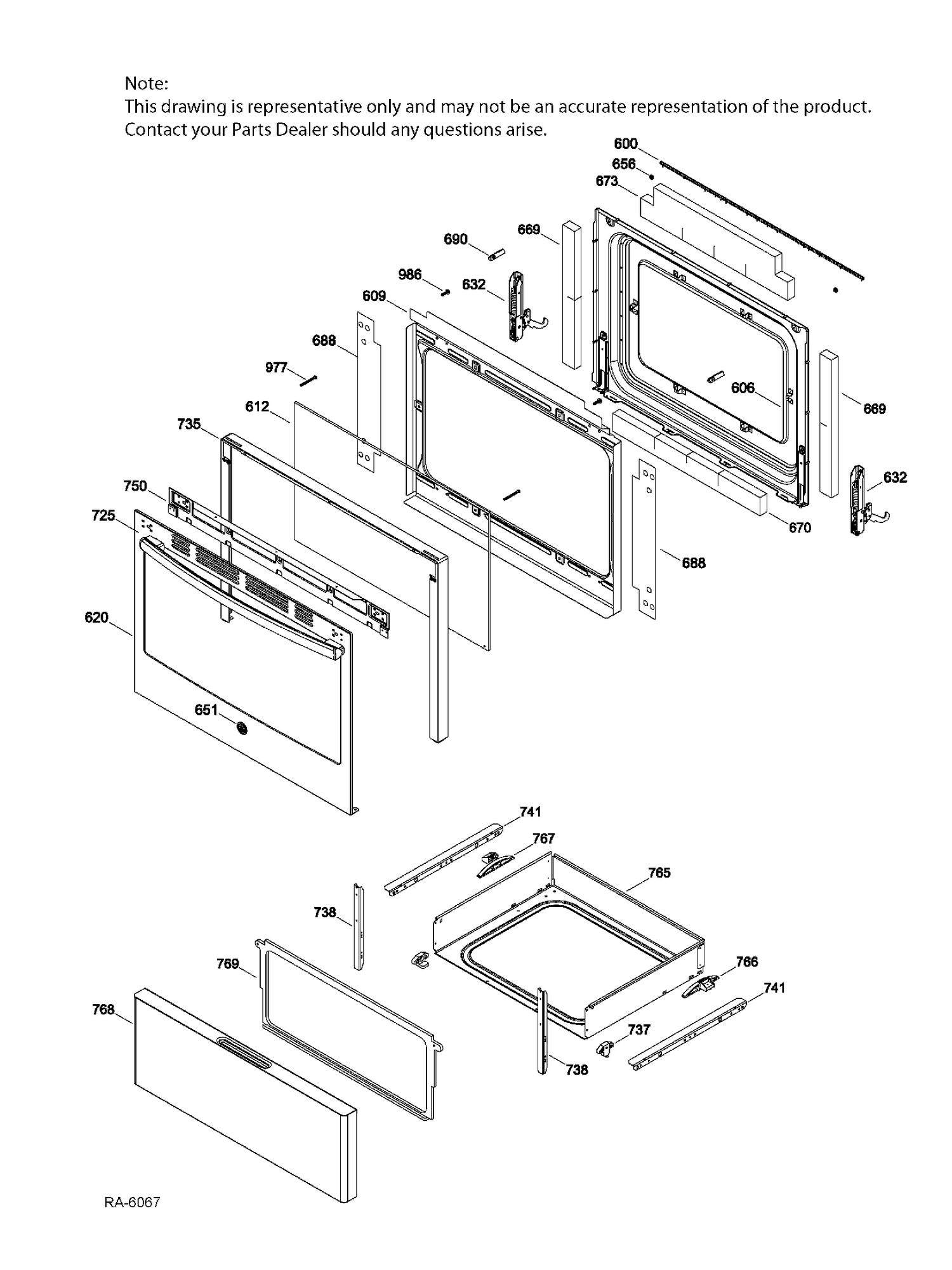 DOOR & DRAWER PARTS Diagram and Parts List for JCBS630SJ1SS  General Electric Range