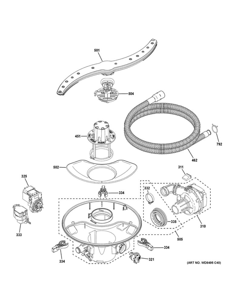 Motor, Sump And Filter Assembly Diagram and Parts List for GDP665SYN8FS  General Electric Dishwasher