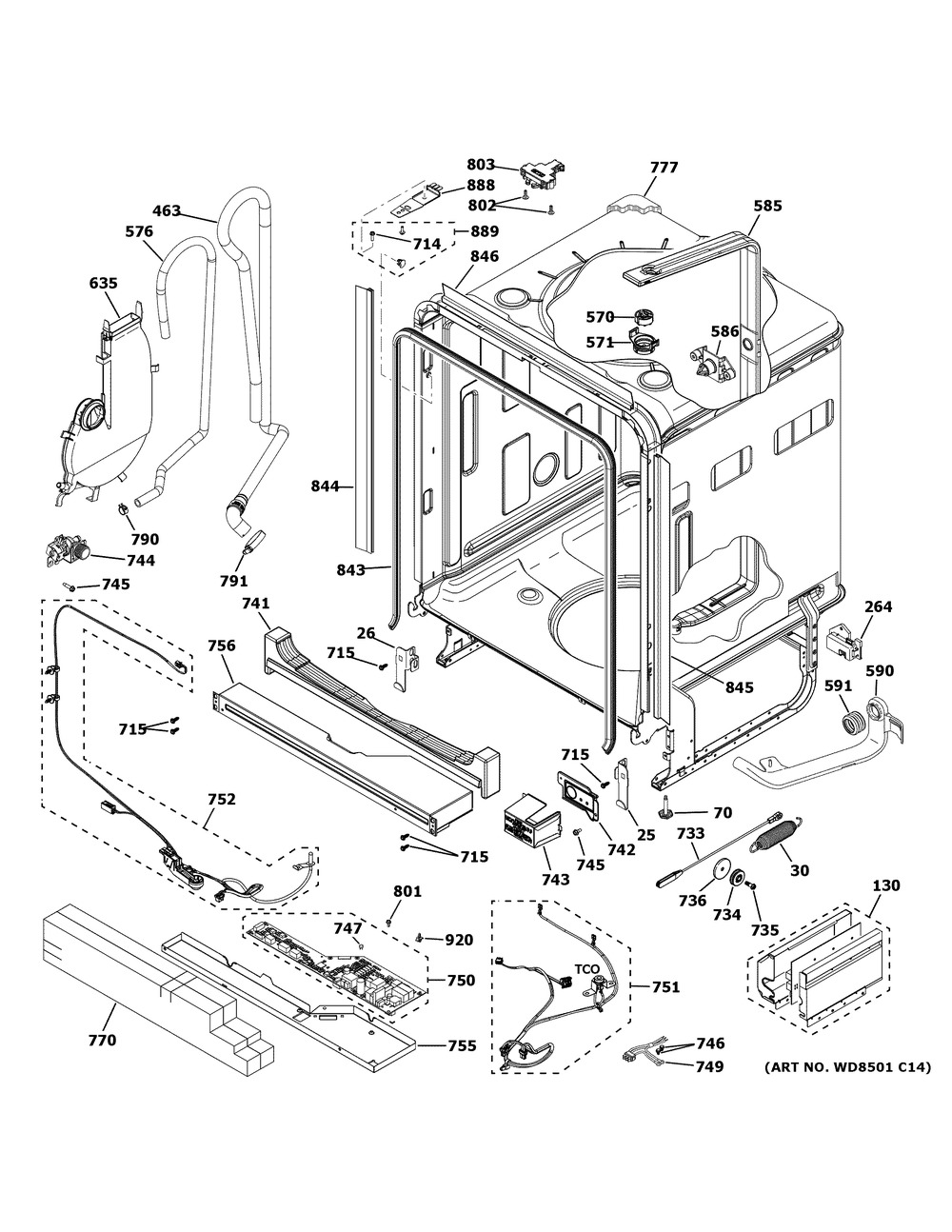 Body Parts 1 Diagram and Parts List for CDT855P2N2S1  General Electric Dishwasher