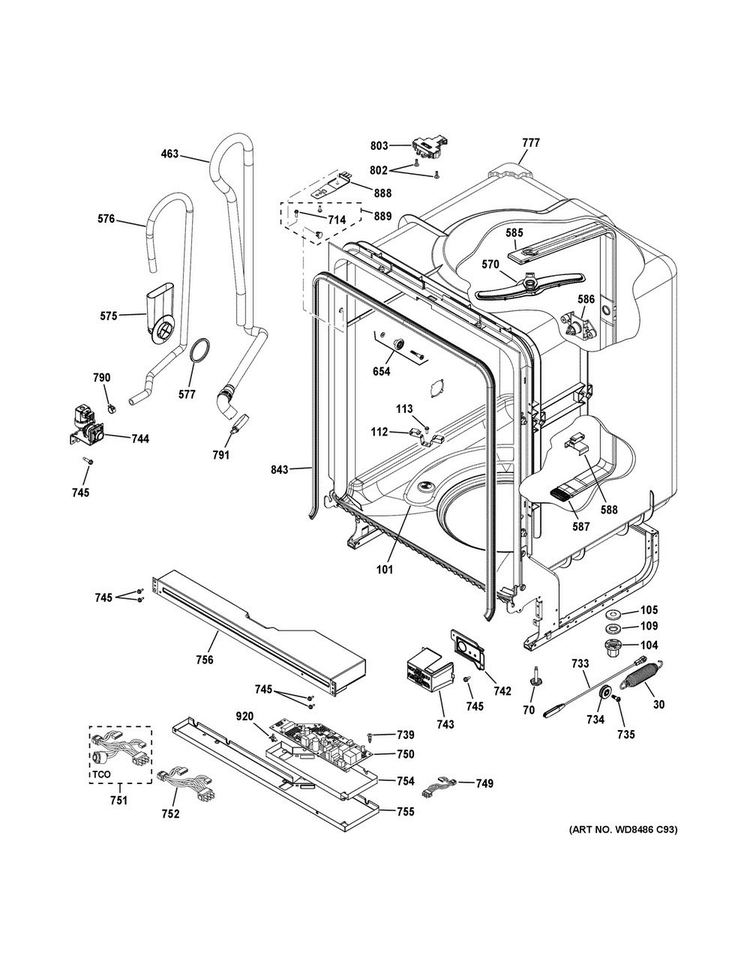 Body Parts Diagram and Parts List for GDF520PGD6CC  General Electric Dishwasher