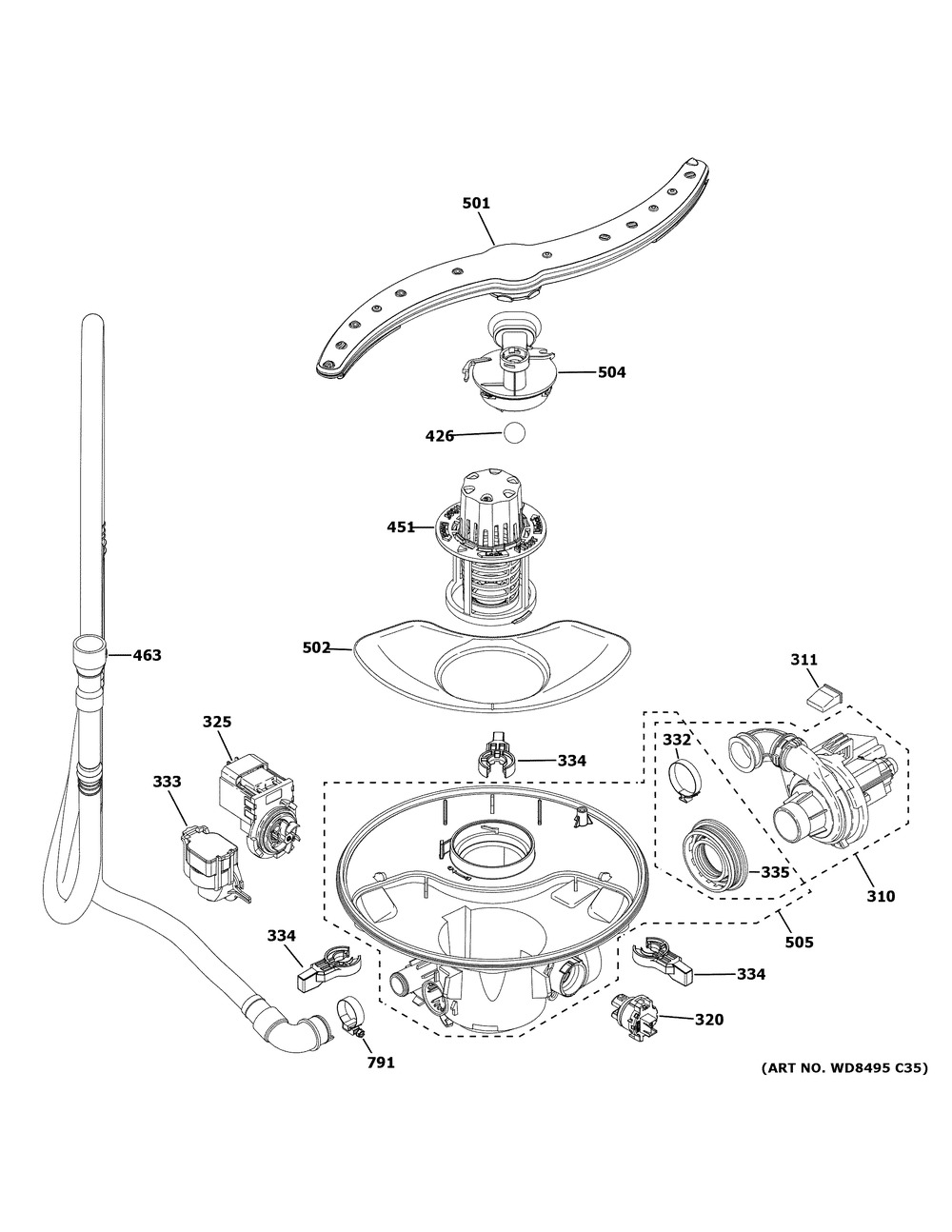 Motor, Sump And Filter Assembly Diagram and Parts List for GDF450PGR5WW  General Electric Dishwasher