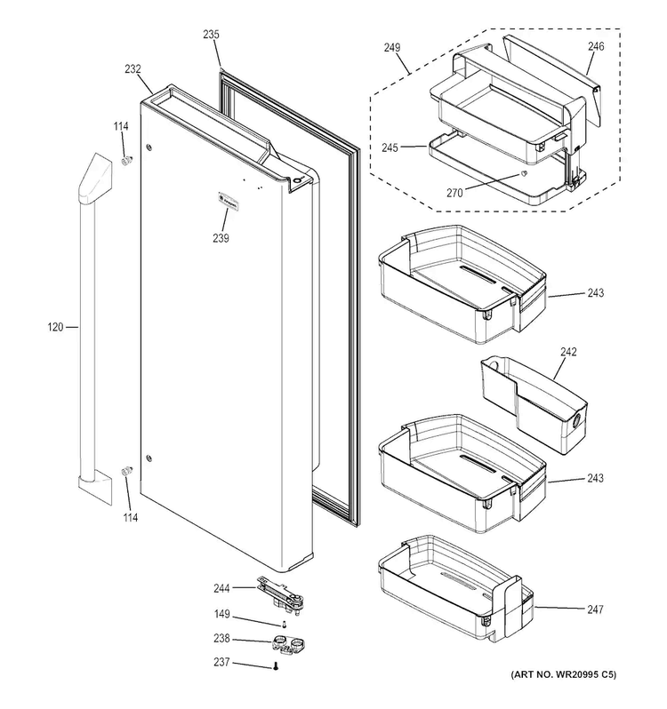 Fresh Food Door - Rh Diagram and Parts List for ZWE23PSHCSS  General Electric Refrigerator