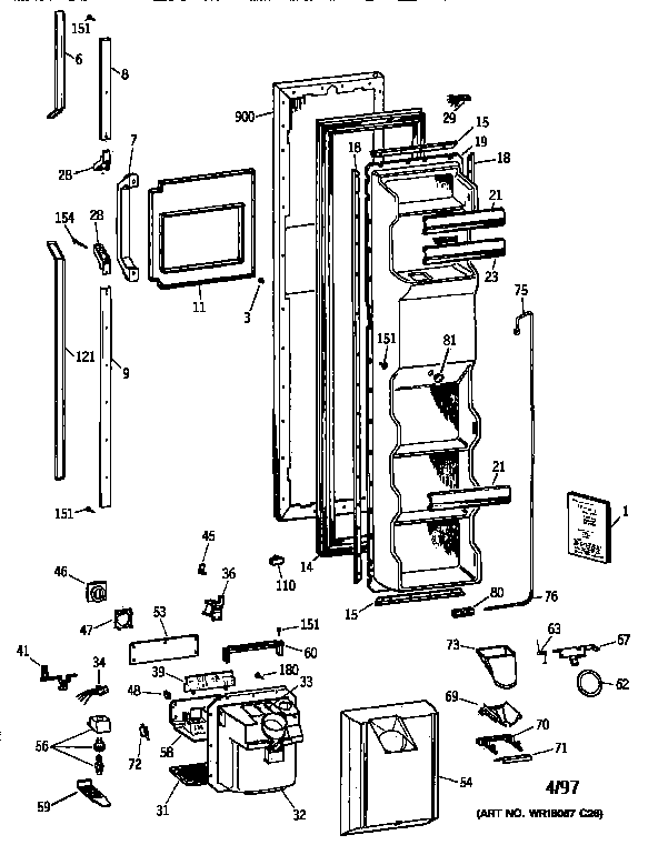 Freezer Door Diagram and Parts List for TFX24PRXDWW  General Electric Refrigerator