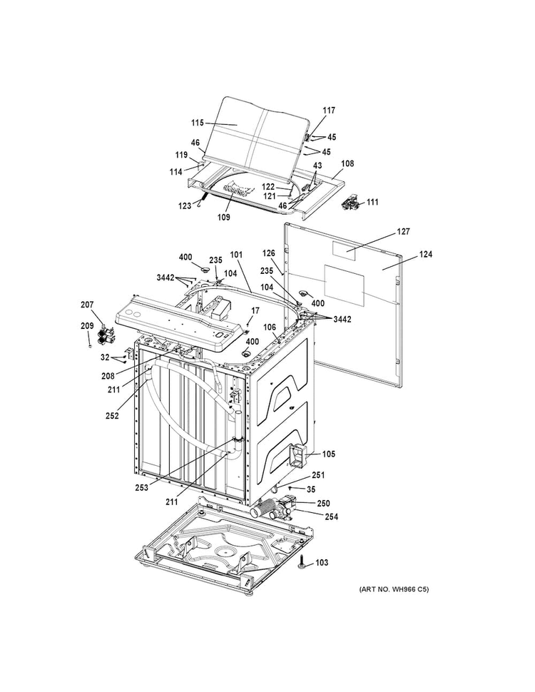 Cabinet Diagram and Parts List for GUD27ESSJ1WW  General Electric Washer Dryer Combo