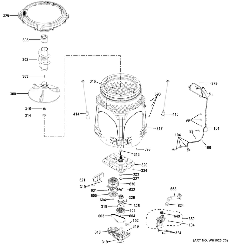 Tub & Motor Diagram and Parts List for GTW460AMJ2WW  General Electric Washer