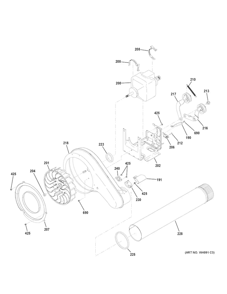 Blower & Motor Diagram and Parts List for GFD49ERPK0RR  General Electric Dryer