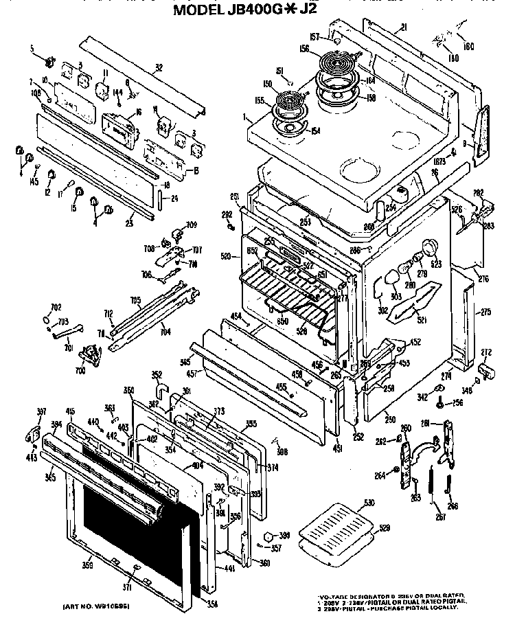 Main Body/cooktop/controls Diagram and Parts List for JB400G*J2  General Electric Range