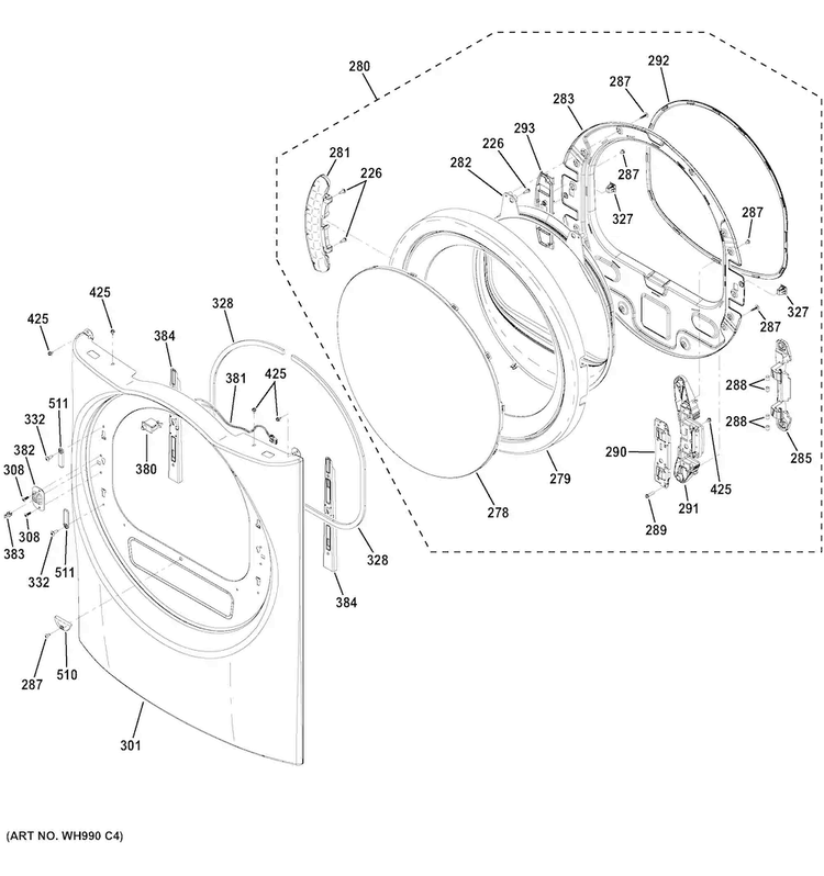 Front Panel & Door Diagram and Parts List for GFDR270GH0WW  General Electric Dryer
