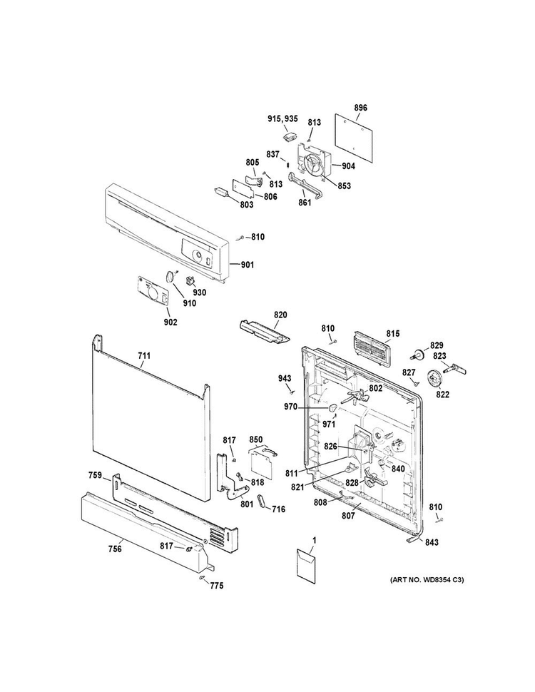 Escutcheon & Door Assembly Diagram and Parts List for GSD2101V50BB  General Electric Dishwasher