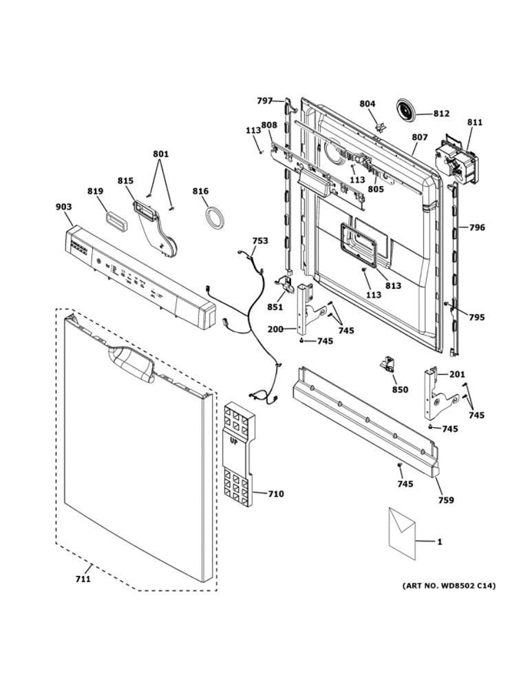 Escutcheon And Door Assembly Diagram and Parts List for GDF565SSN2SS  General Electric Dishwasher