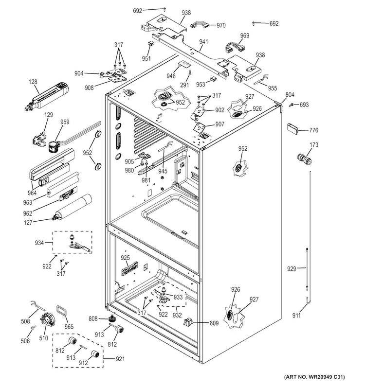 Case Parts Diagram and Parts List for DFE28JGHCBB  General Electric Refrigerator