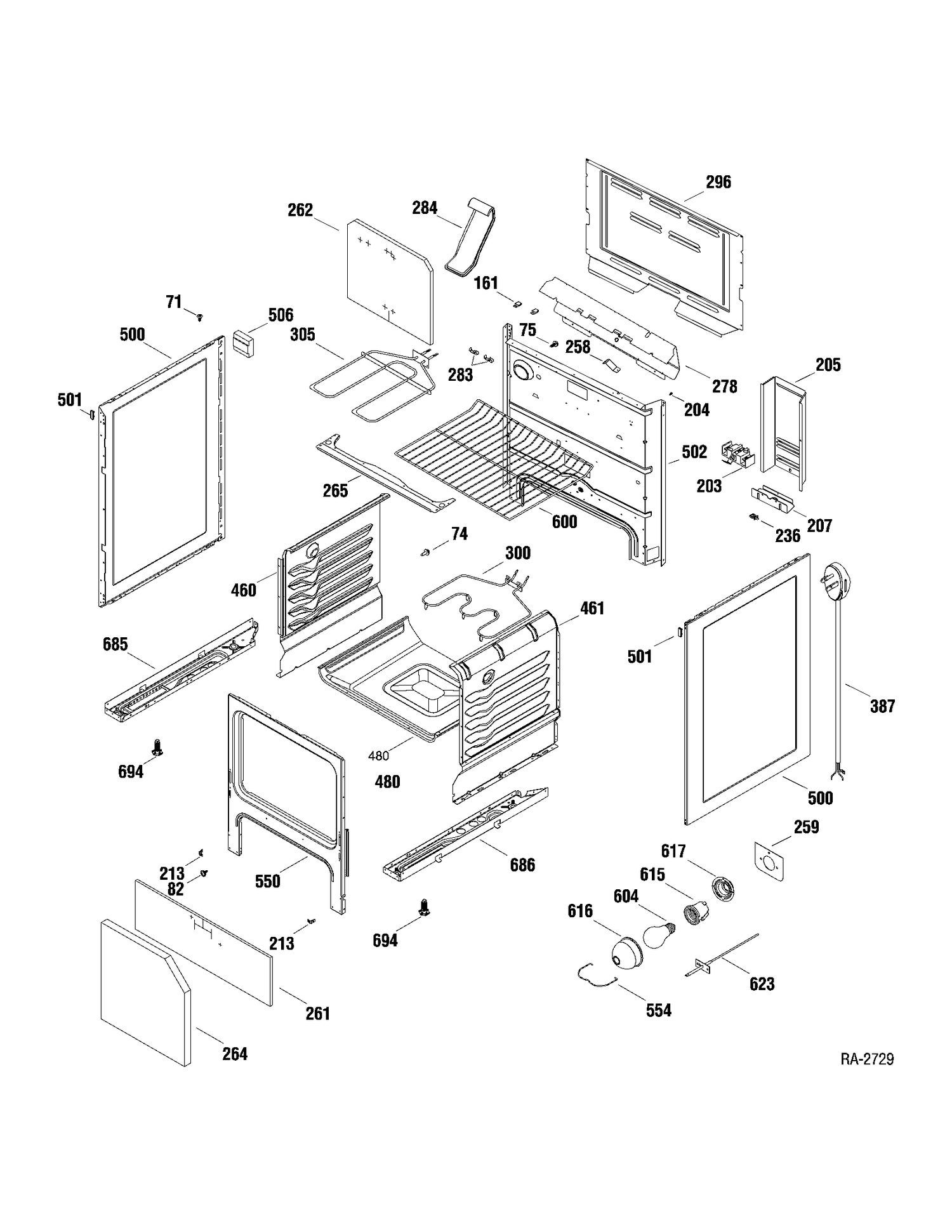 BODY PARTS Diagram and Parts List for ECBS68DM2WW  General Electric Range