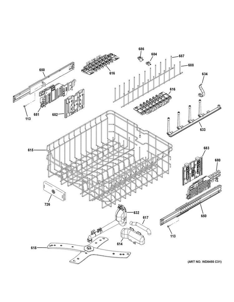 Upper Rack Assembly Diagram and Parts List for PDT750SSF4SS  General Electric Dishwasher