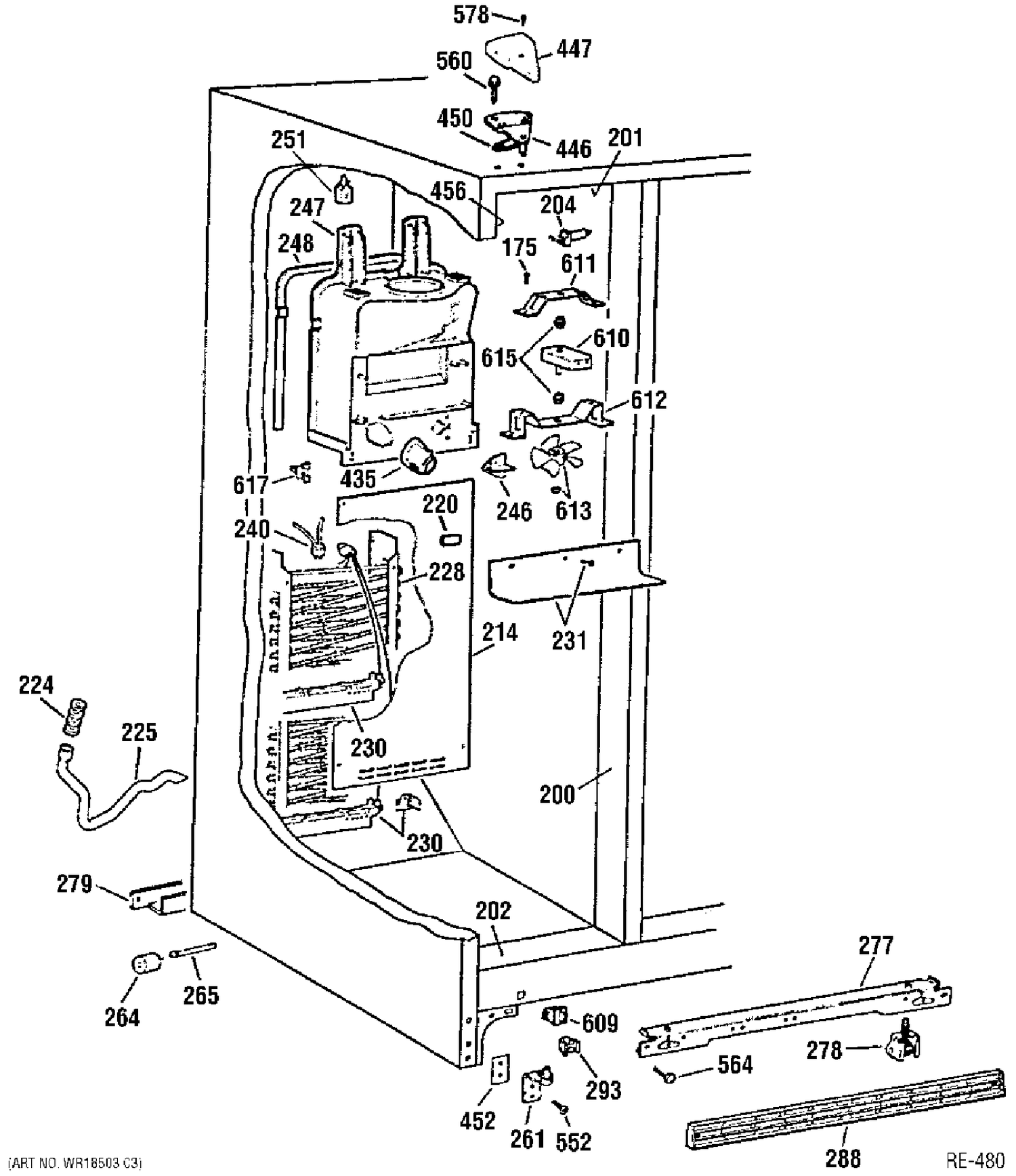 FREEZER SECTION Diagram and Parts List for 39761-1  General Electric Refrigerator