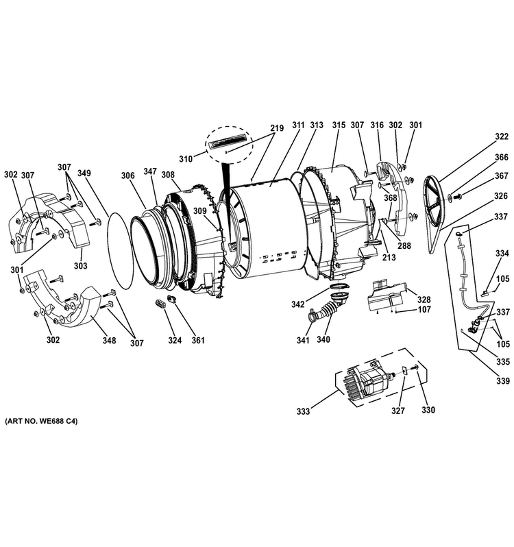 Tub & Motor Diagram and Parts List for GFWN1300J0WW  General Electric Washer