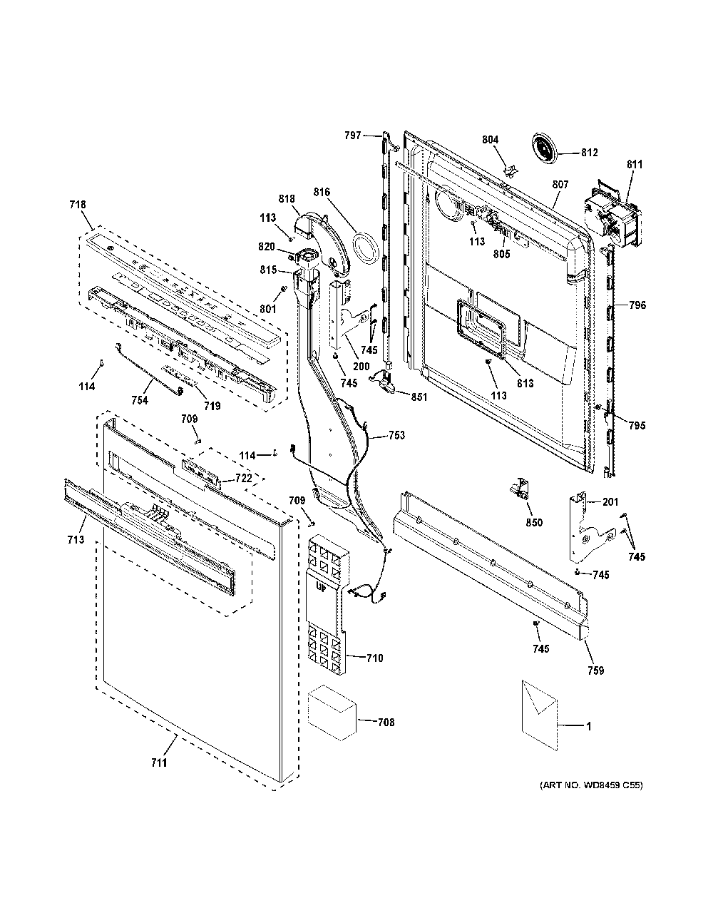 Escutcheon And Door Assembly Diagram and Parts List for PDP755SYR8FS  General Electric Dishwasher