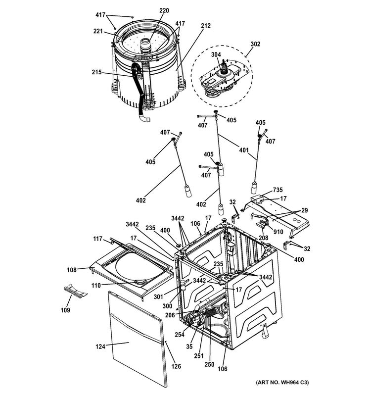 Cabinet Diagram and Parts List for GTUN275GM2WW  General Electric Washer Dryer Combo