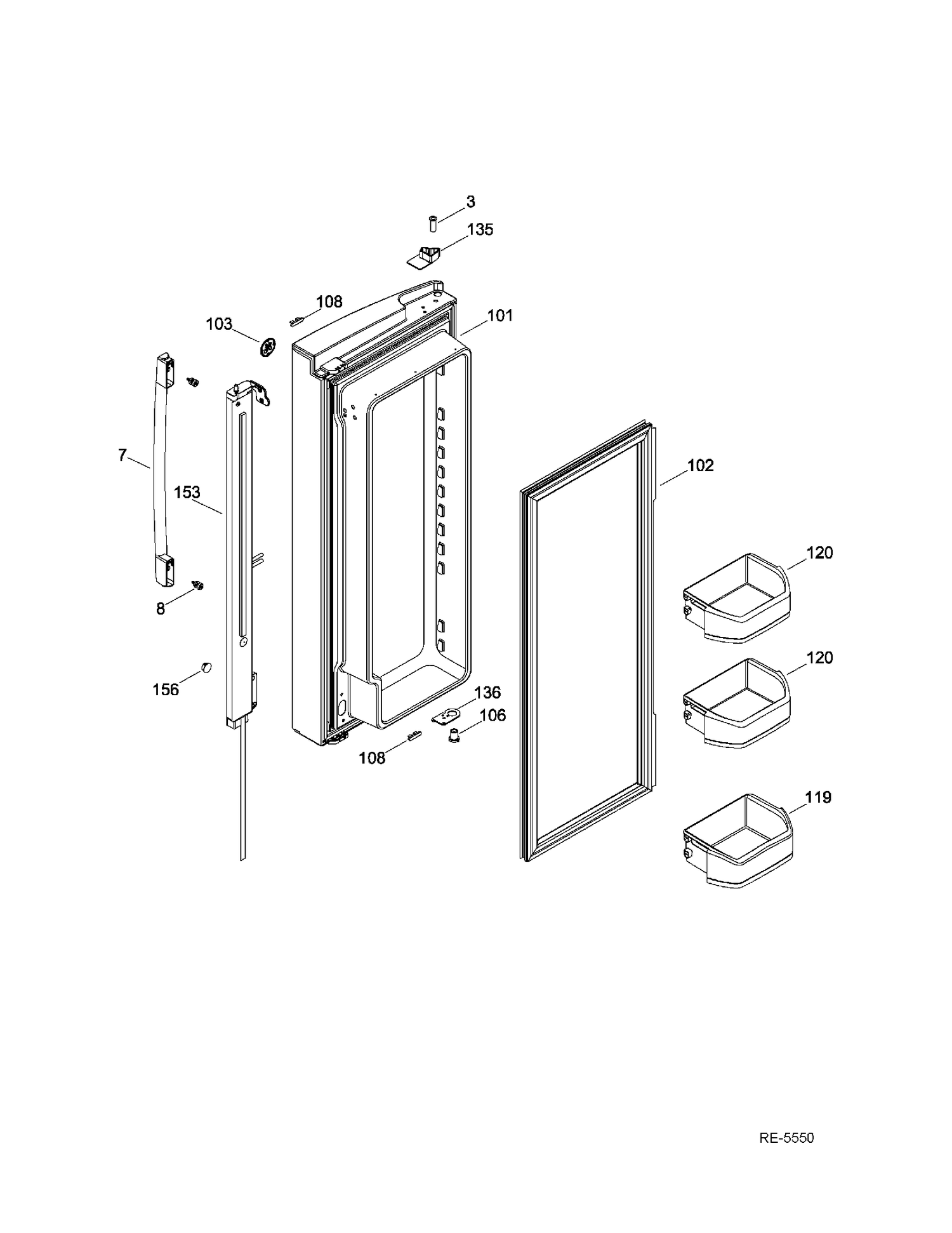 FF DOOR LEFT Diagram and Parts List for GNR22DSEAFBS  General Electric Refrigerator