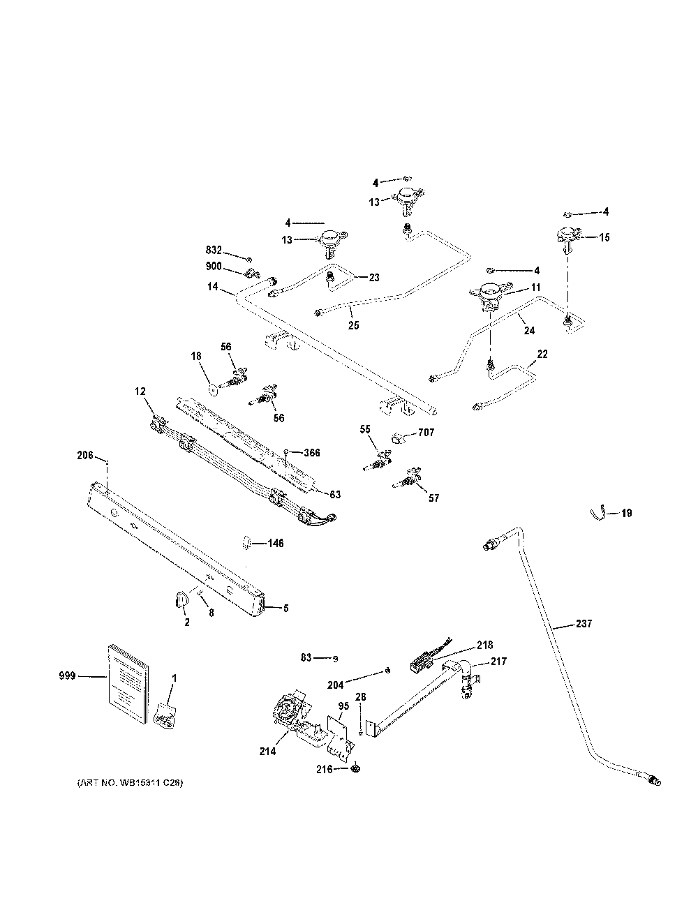 Gas And Burner Parts Diagram and Parts List for JGBS61DP2BB  General Electric Range