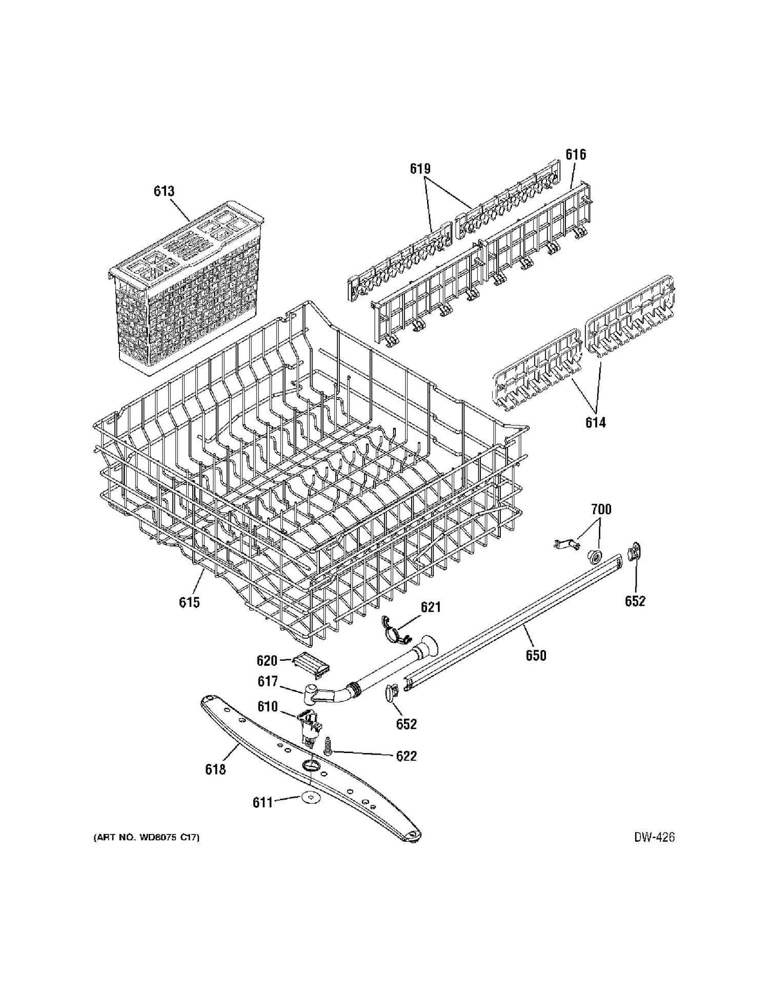 UPPER RACK Diagram and Parts List for 4070610  General Electric Dishwasher