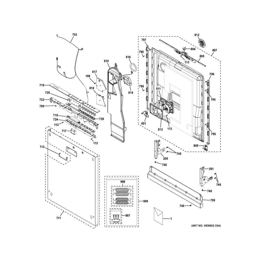 Escutcheon And Door Assembly Diagram and Parts List for ZDT925SINCII  General Electric Dishwasher
