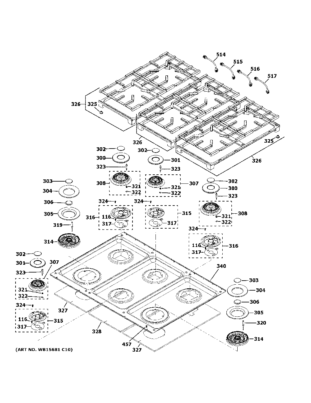 Cooktop Diagram and Parts List for ZGP366NT1SS  General Electric Range