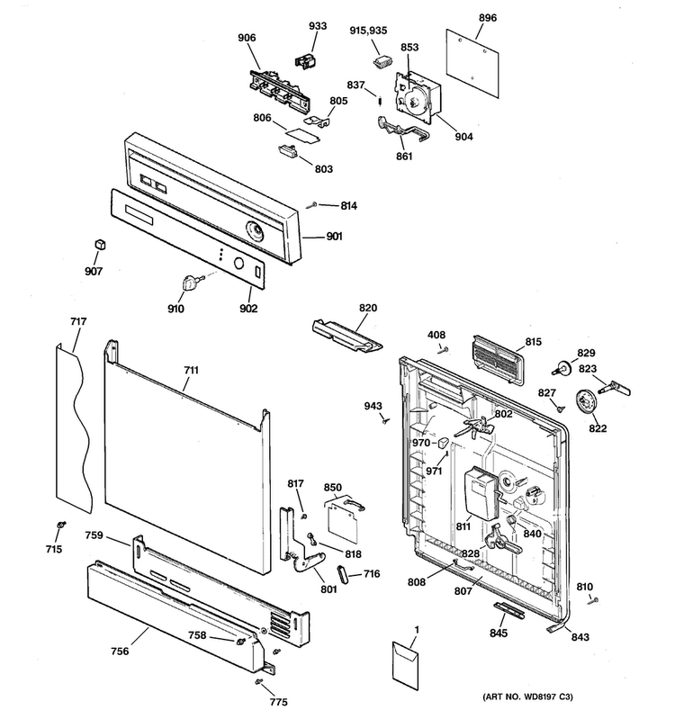 Escutcheon & Door Assembly Diagram and Parts List for GSD3260J20SS  General Electric Dishwasher