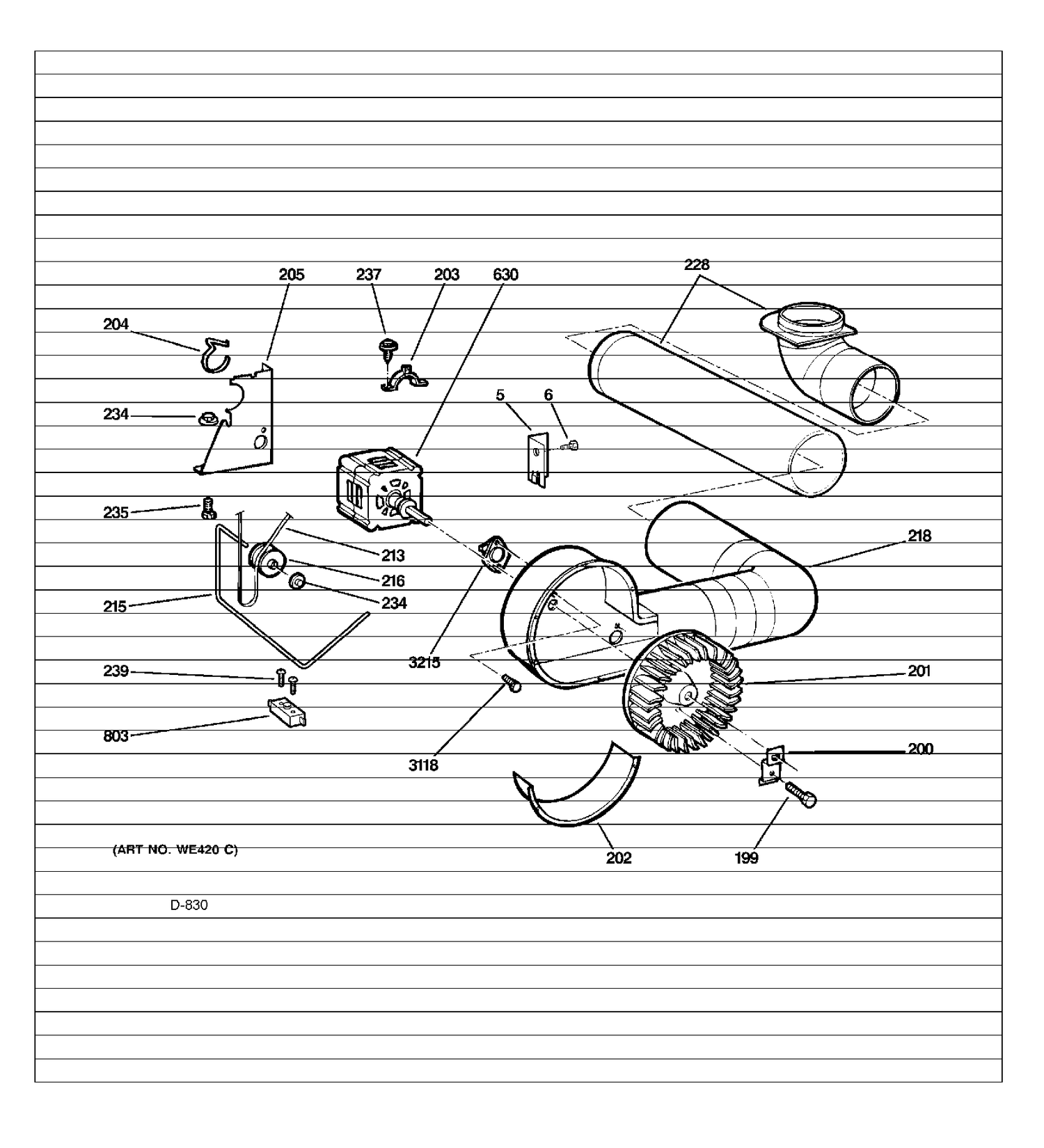 MOTOR & BLOWER Diagram and Parts List for PCKS443EB2WW  General Electric Dryer