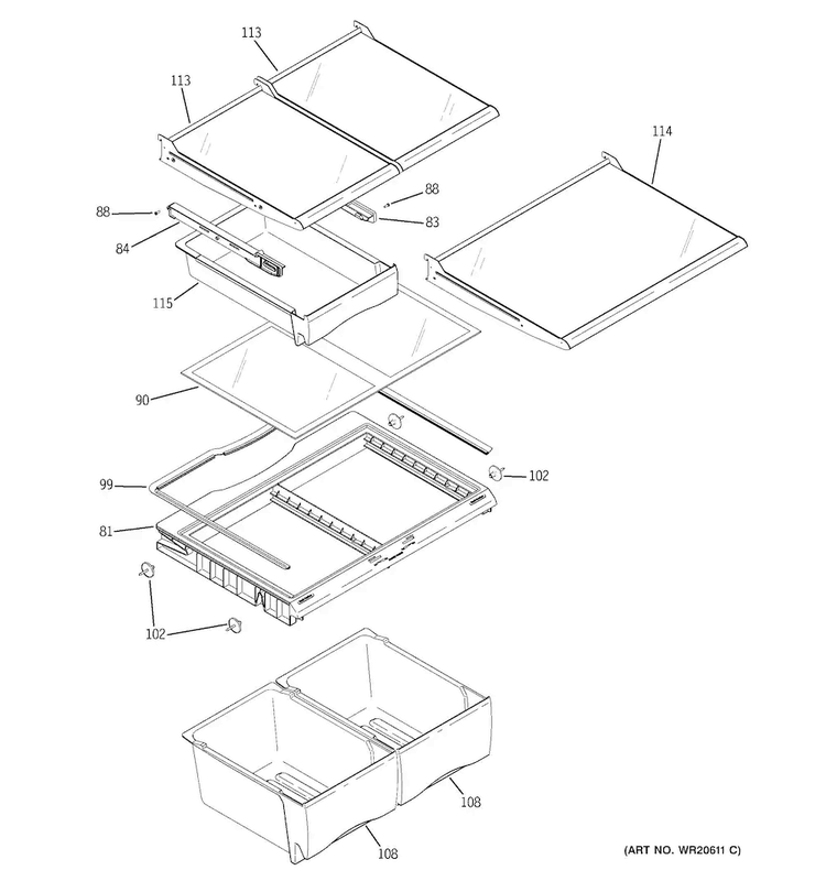 Fresh Food Shelves Diagram and Parts List for GFSS2HCYJSS  General Electric Refrigerator