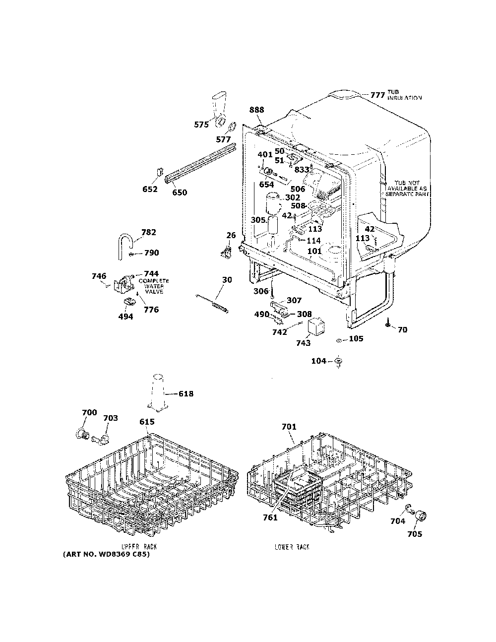Body parts Diagram and Parts List for GSD3340K65SA  General Electric Dishwasher