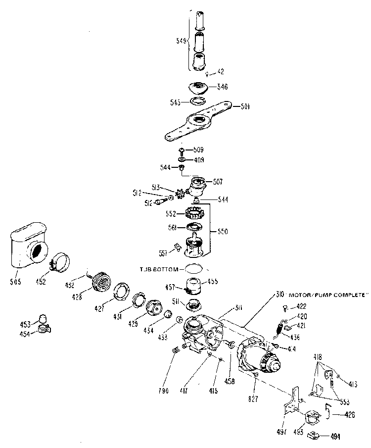 Motor And Pump Assembly Diagram and Parts List for GSD1000G03  General Electric Dishwasher