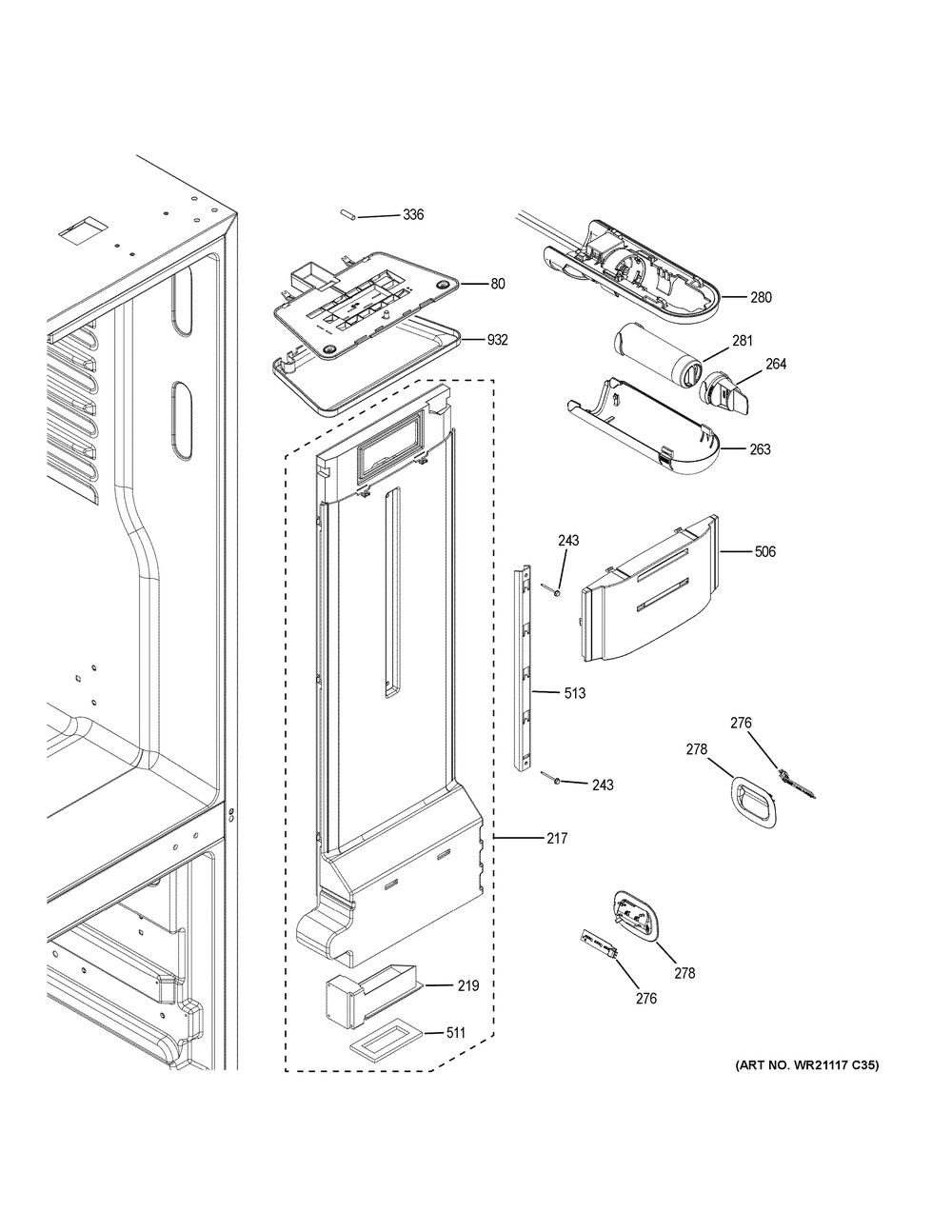 Fresh Food Section Diagram and Parts List for GFE26JEMAFDS  General Electric Refrigerator