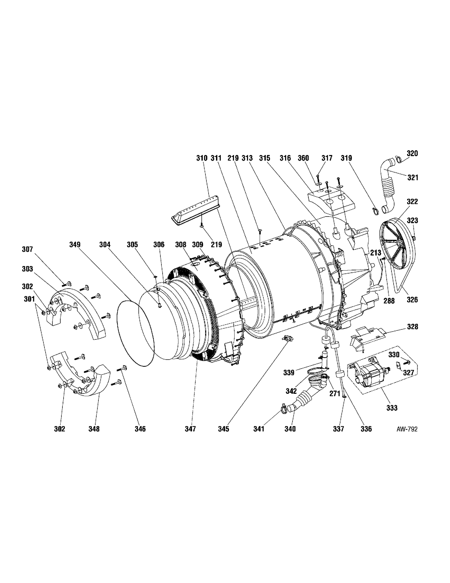 TUB & MOTOR Diagram and Parts List for GBVH5200K0WW  General Electric Washer