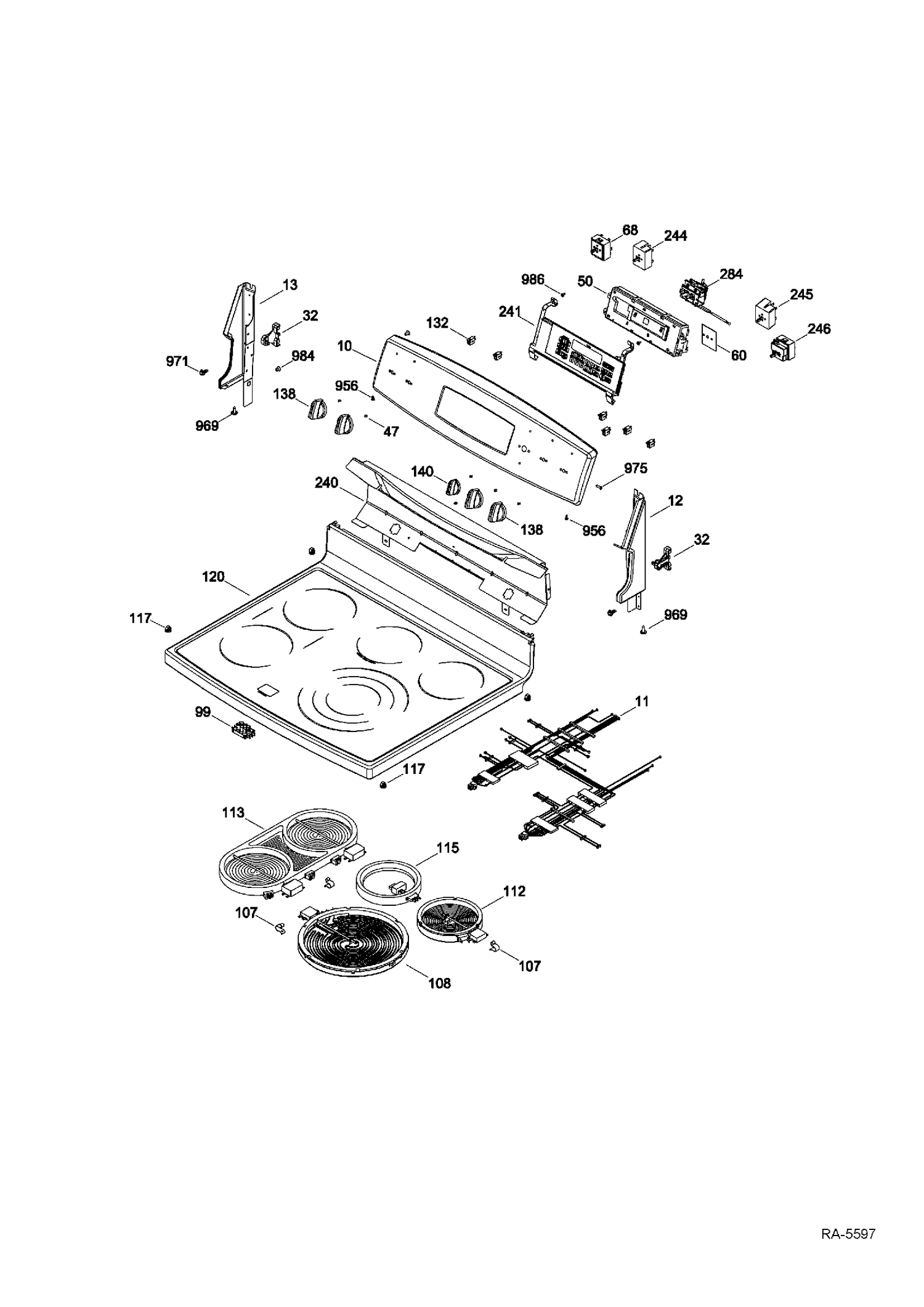 CONTROL PANEL & COOKTOP Diagram and Parts List for PCB980SF1SS  General Electric Range