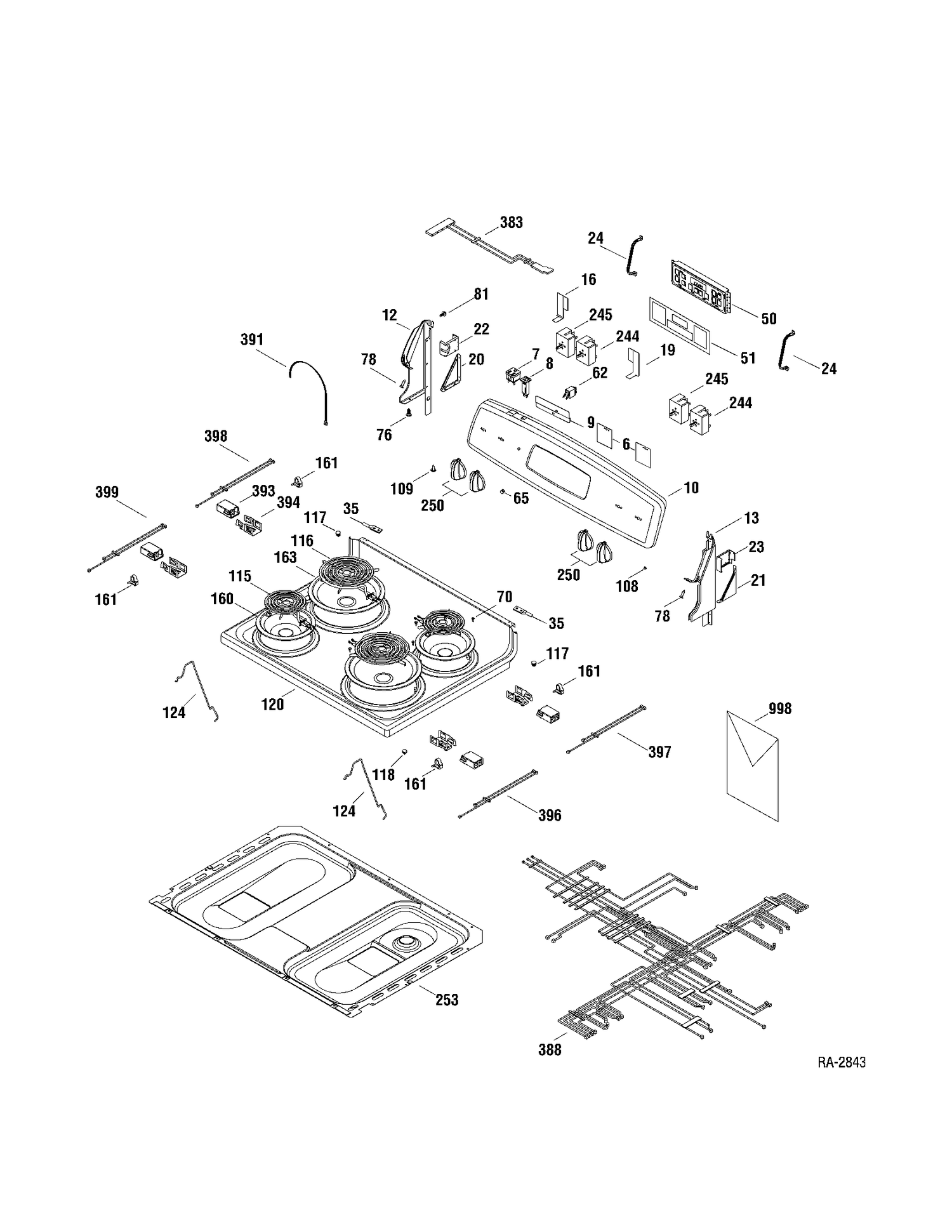 CONTROLS & COOKTOP Diagram and Parts List for JCBS28DN1WW  General Electric Range