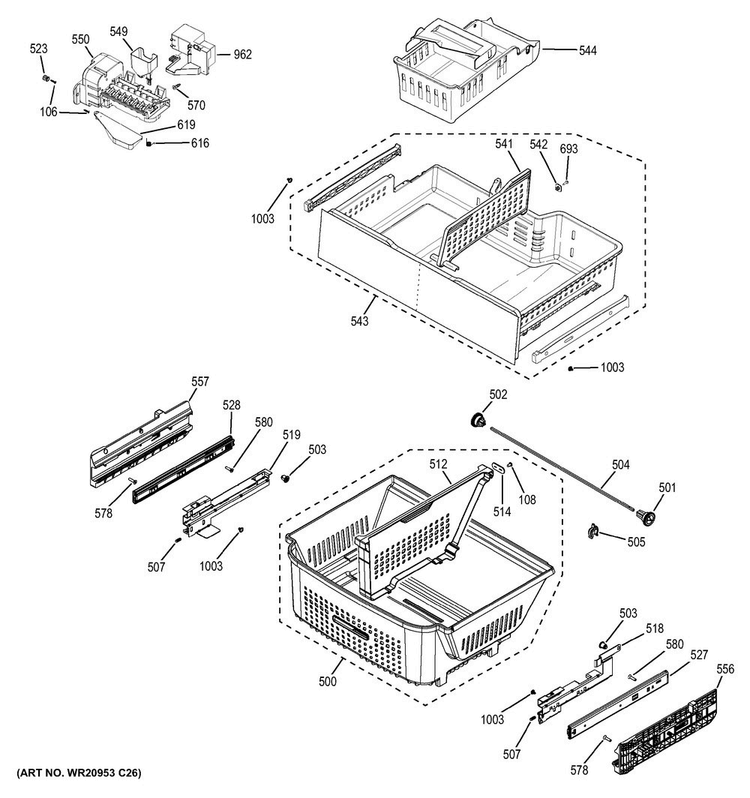 Freezer Shelves Diagram and Parts List for ZWE23ESHHSS  General Electric Refrigerator
