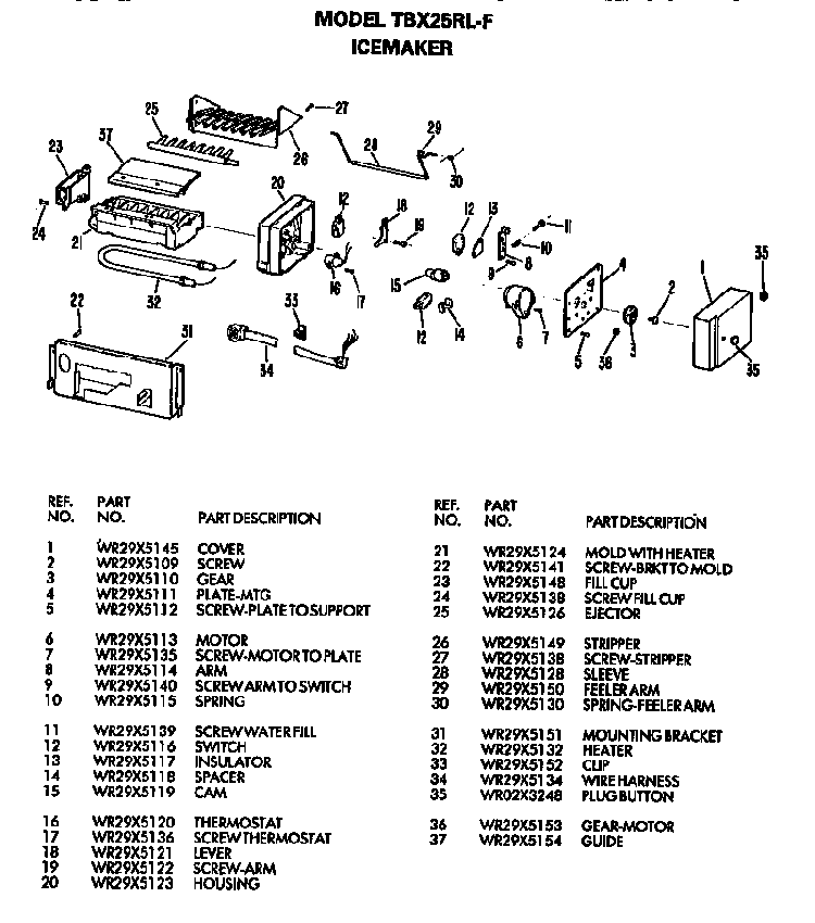 Icemaker Diagram and Parts List for TBX25RLFL  General Electric Refrigerator