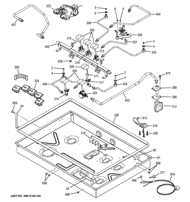 Gas & Burner Parts Diagram and Parts List for PGP959SET2SS  General Electric Cooktop