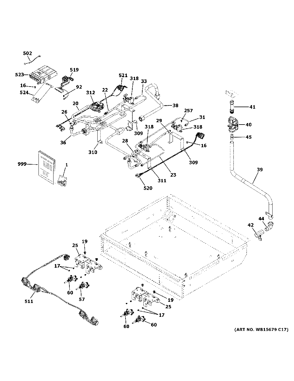 Gas And Burner Parts Diagram and Parts List for ZDP304NT1SS  General Electric Range