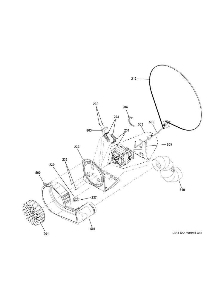 Blower & Motor Diagram and Parts List for GUD24GSSJ0WW  General Electric Washer Dryer Combo