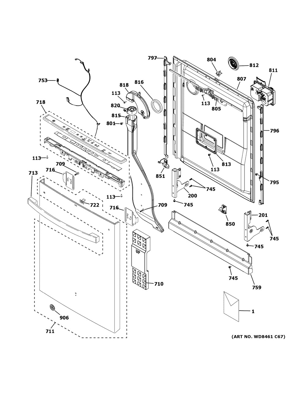 Escutcheon & Door Assembly Diagram and Parts List for DDT700SBN0TS  General Electric Dishwasher