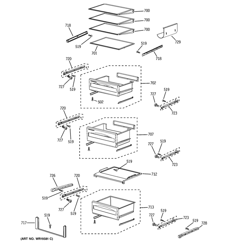 Fresh Food Shelves Diagram and Parts List for PSB42LSRBV  General Electric Refrigerator