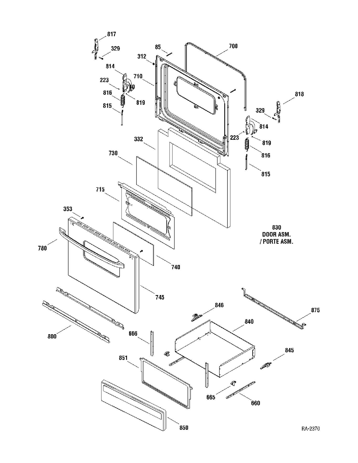 DOOR & DRAWER Diagram and Parts List for RCBS526J2WW  General Electric Range