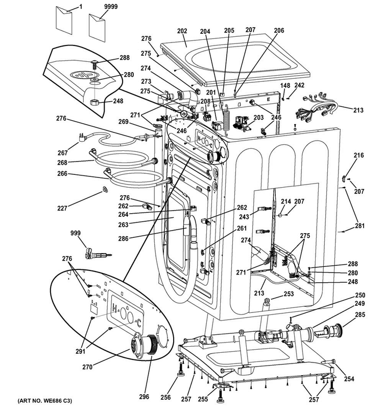 Cabinet & Top Panel Diagram and Parts List for GFWN1300J1WW  General Electric Washer