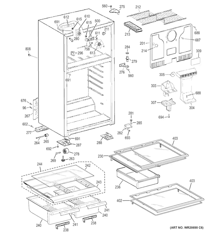 Cabinet Diagram and Parts List for GTH17JBDDRWW  General Electric Refrigerator