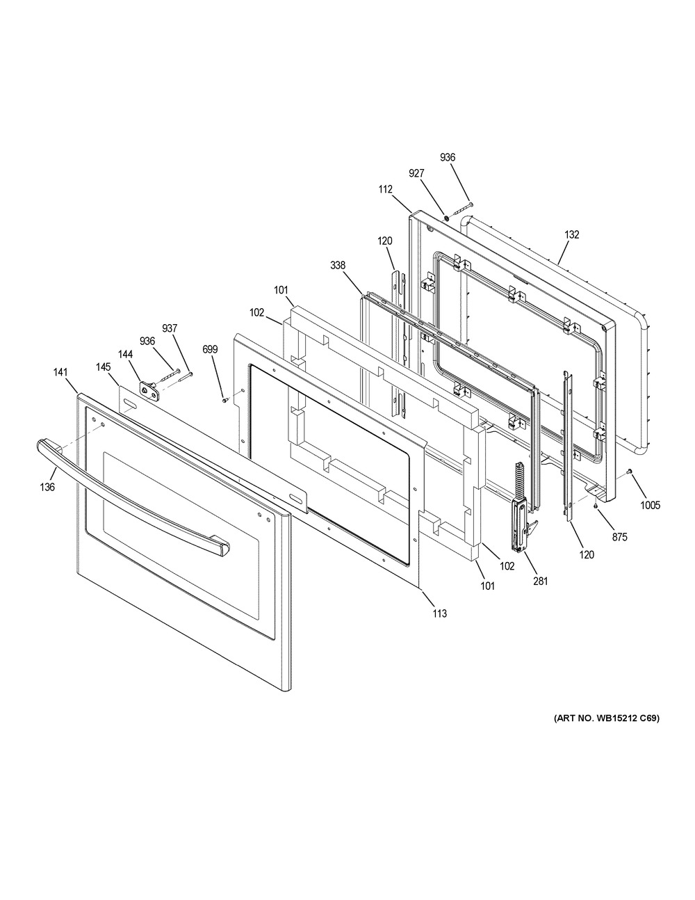 Lower Door Diagram and Parts List for JT3500DF6WW  General Electric Wall Oven